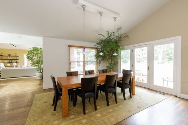 Dining room, Interior, Living room, Pendant Lights, Wood Texture Flooring