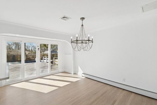 Chandelier, Empty room, Interior, Recessed Lighting, Wood Texture Flooring