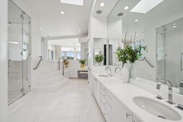 Bathroom, Dual Sink Vanities, Glass Shower, Interior, Recessed Lighting, Water