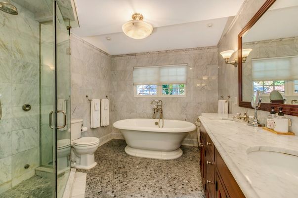 Bathroom, Dual Sink Vanities, Free Standing Baths, Glass Shower, Interior, Marble Walls