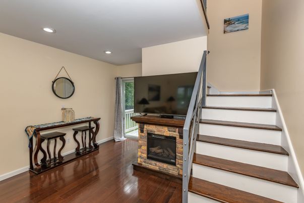 Fireplace, Interior, Recessed Lighting, Wood Texture Flooring
