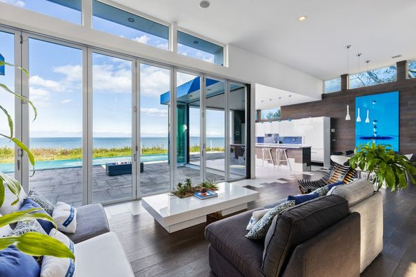 Interior, Kitchen, Living room, Pendant Lights, Recessed Lighting, Water, Wood Texture Flooring