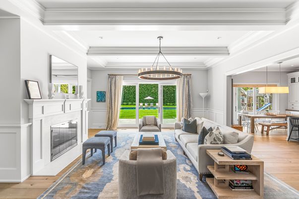 Dining room, Fireplace, Interior, Living room, Pendant Lights, Recessed Lighting, Wood Texture Flooring