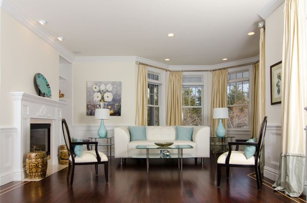 Fireplace, Interior, Living room, Recessed Lighting, Wood Texture Flooring