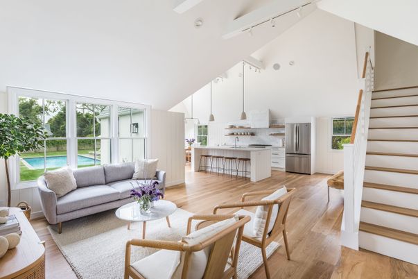 Interior, Kitchen, Living room, Pendant Lights, Stainless Steel Appliances, Wood Texture Flooring