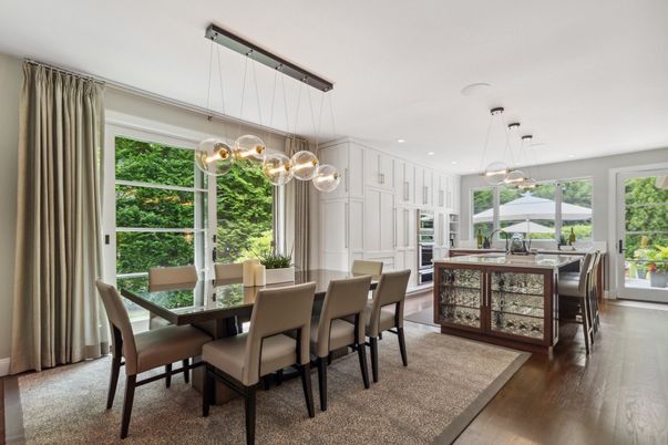 Dining room, Interior, Pendant Lights, Recessed Lighting, Wood Texture Flooring