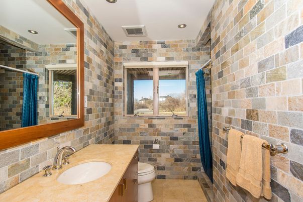 Bathroom, Interior, Recessed Lighting, Stone Walls