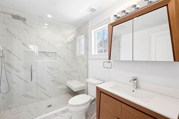 Bathroom, Glass Shower, Interior, Marble Walls, Recessed Lighting