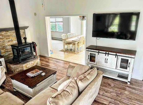 Dining room, Fireplace, Interior, Living room, Wood Texture Flooring