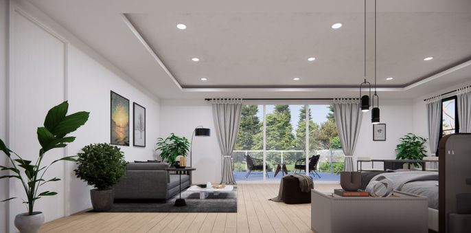 Interior, Living room, Pendant Lights, Recessed Lighting, Wood Texture Flooring