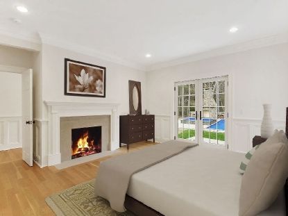 Bedroom, Fireplace, Interior, Recessed Lighting, Wood Texture Flooring