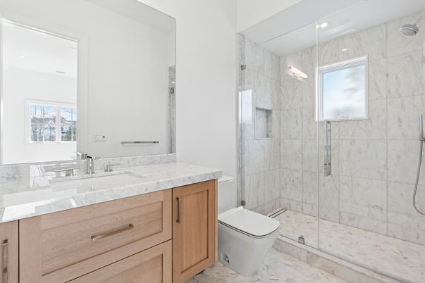 Bathroom, Glass Shower, Interior, Marble, Marble Walls, Recessed Lighting