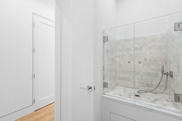 Bathroom, Glass Shower, Interior, Wood Texture Flooring