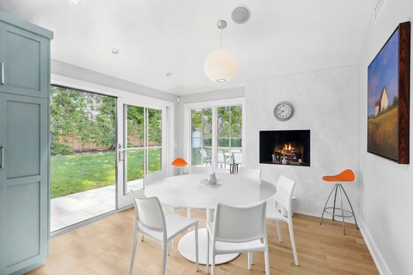 Dining room, Fireplace, Interior, Pendant Lights, Recessed Lighting, Wood Texture Flooring