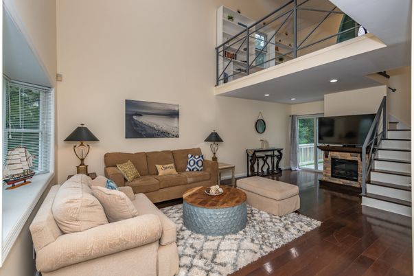 Fireplace, Interior, Living room, Recessed Lighting, Wood Texture Flooring