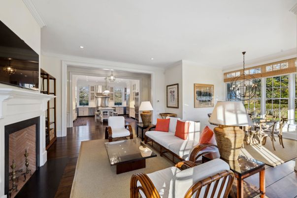Dining room, Fireplace, Interior, Kitchen, Living room, Pendant Lights, Recessed Lighting, Wood Texture Flooring