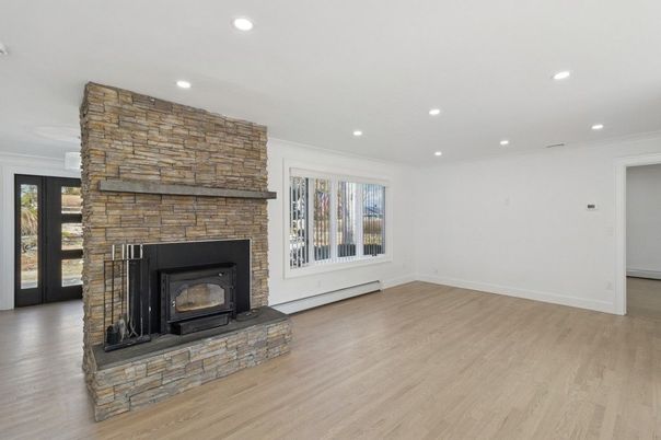 Empty room, Fireplace, Interior, Recessed Lighting, Wood Texture Flooring