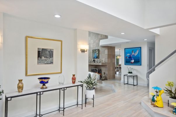 Fireplace, Interior, Recessed Lighting, Stone Walls, Wood Texture Flooring