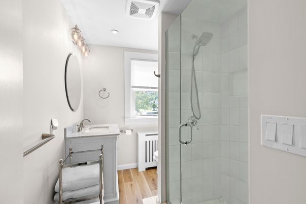 Bathroom, Glass Shower, Interior, Recessed Lighting, Wood Texture Flooring