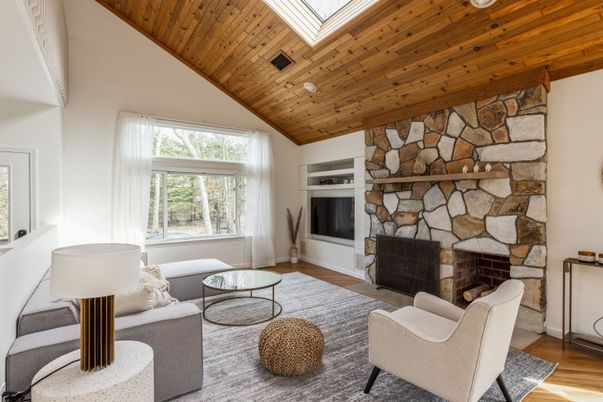 Fireplace, Interior, Living room, Stone Walls, Wooden Ceilings, Wood Texture Flooring
