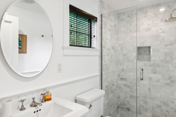 Bathroom, Glass Shower, Interior, Marble Walls, Recessed Lighting