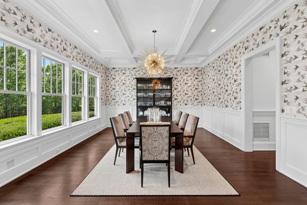 Chandelier, Dining room, Interior, Recessed Lighting, Wood Texture Flooring