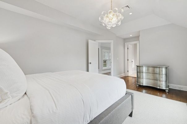 Bedroom, Chandelier, Interior, Recessed Lighting, Wood Texture Flooring