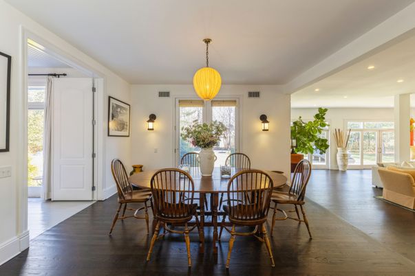 Dining room, Interior, Pendant Lights, Recessed Lighting, Wood Texture Flooring