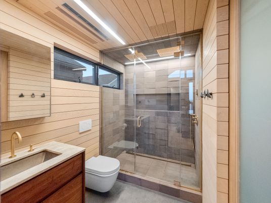 Bathroom, Glass Shower, Interior, Wooden Ceilings, Wooden Walls