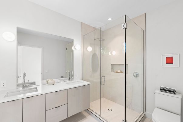 Bathroom, Dual Sink Vanities, Glass Shower, Interior, Recessed Lighting