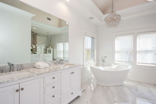 Bathroom, Dual Sink Vanities, Free Standing Baths, Interior, Marble, Pendant Lights, Recessed Lighting
