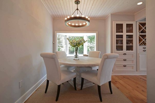 Dining room, Interior, Pendant Lights, Recessed Lighting, Wood Texture Flooring