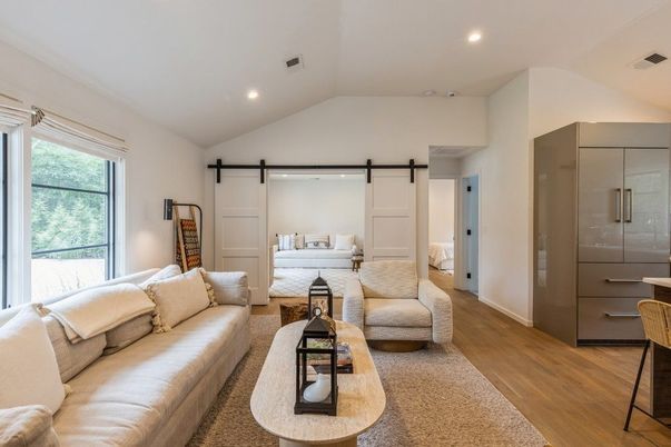 Bedroom, Interior, Living room, Recessed Lighting, Wood Texture Flooring