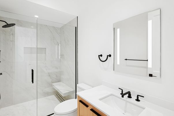 Bathroom, Glass Shower, Interior, Marble Walls, Recessed Lighting