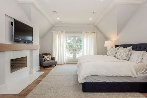 Bedroom, Fireplace, Interior, Recessed Lighting, Wood Texture Flooring