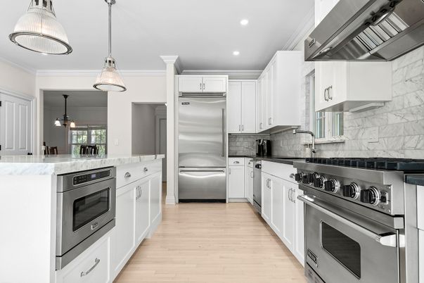 Interior, Kitchen, Pendant Lights, Recessed Lighting, Stainless Steel Appliances, Wood Texture Flooring