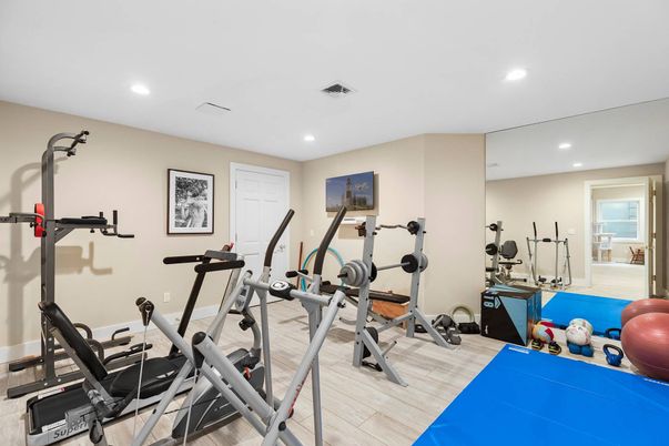 Fitness Equipment, Gym, Interior, Recessed Lighting, Wood Texture Flooring