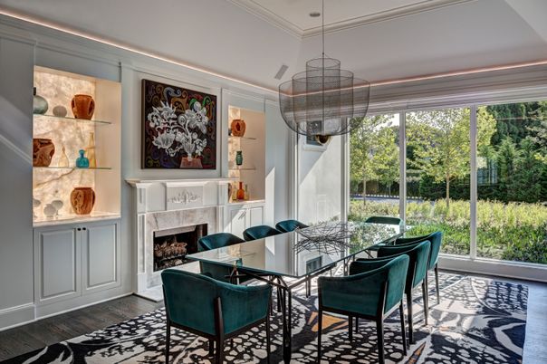 Dining room, Fireplace, Interior, Pendant Lights, Wood Texture Flooring