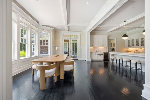 Dining room, Interior, Kitchen, Pendant Lights, Recessed Lighting, Wood Texture Flooring