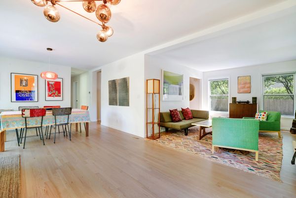 Dining room, Interior, Living room, Pendant Lights, Wood Texture Flooring