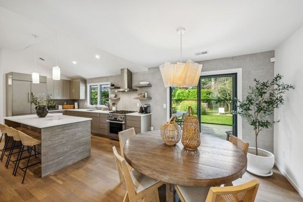 Dining room, Interior, Kitchen, Pendant Lights, Recessed Lighting, Stainless Steel Appliances, Wood Texture Flooring