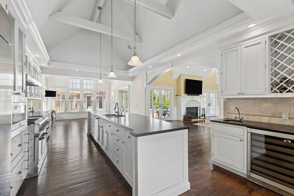 Fireplace, Interior, Kitchen, Pendant Lights, Recessed Lighting, Stainless Steel Appliances, Wood Texture Flooring