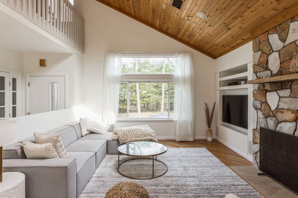 Fireplace, Interior, Living room, Recessed Lighting, Stone Walls, Wooden Ceilings, Wood Texture Flooring