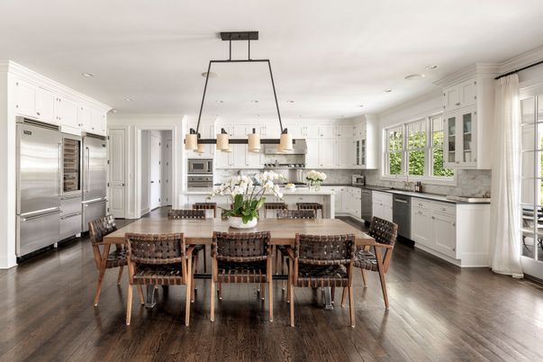 Dining room, Interior, Kitchen, Pendant Lights, Recessed Lighting, Stainless Steel Appliances, Wood Texture Flooring