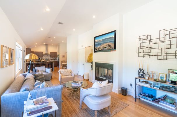 Fireplace, Interior, Kitchen, Living room, Recessed Lighting, Wood Texture Flooring