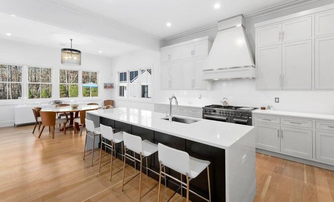 Dining room, Interior, Kitchen, Pendant Lights, Recessed Lighting, Stainless Steel Appliances, Wood Texture Flooring