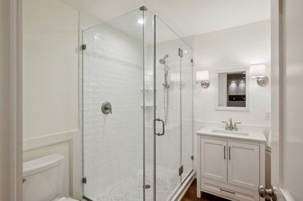Bathroom, Glass Shower, Interior, Recessed Lighting, Wood Texture Flooring