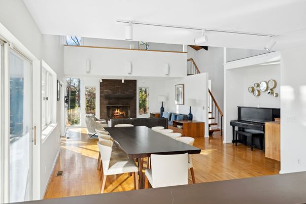 Dining room, Fireplace, Interior, Living room, Piano, Wood Texture Flooring