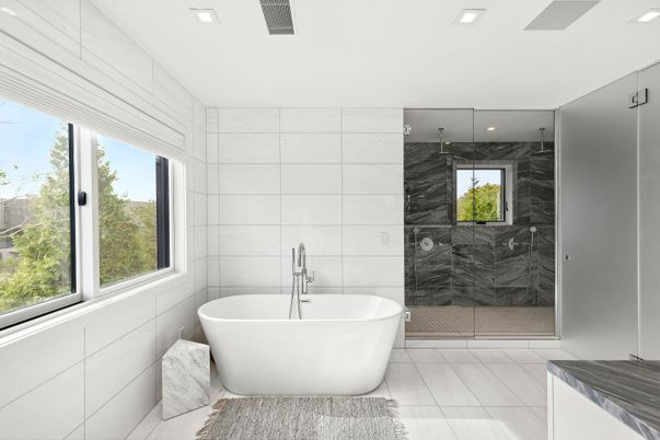 Bathroom, Free Standing Baths, Glass Shower, Interior, Marble, Marble Walls, Recessed Lighting