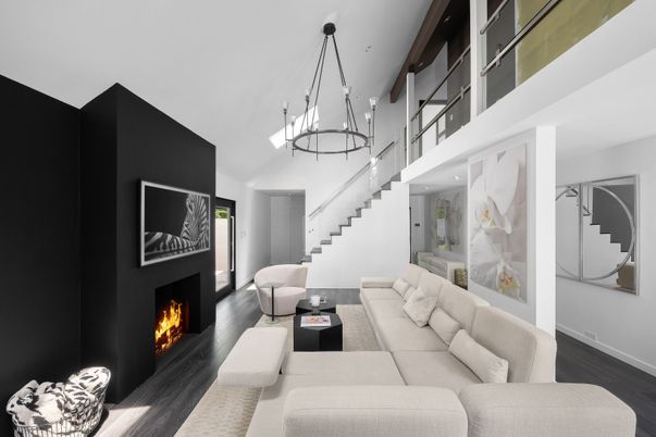 Fireplace, Interior, Living room, Pendant Lights, Recessed Lighting, Wood Texture Flooring